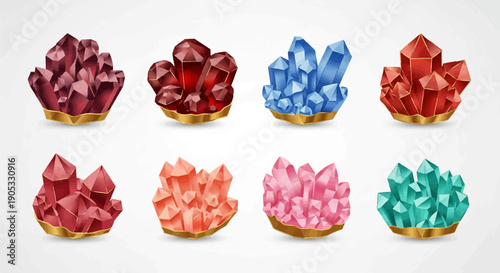 Group of eight colorful crystal clusters on a white background