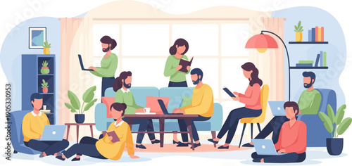 Group of people reading and working on laptops in a cozy living room