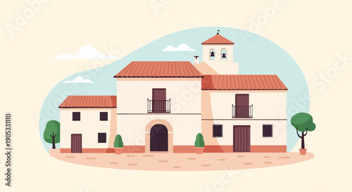 Flat illustration of traditional village buildings with terracotta roofs and bell tower