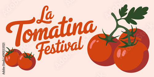 La Tomatina Festival tomatoes on vine with green leaves on peach background