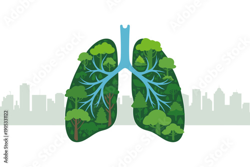 Lungs with trees and cityscape in background for ecofriendly concept