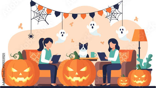 Halloween scene with two people, a dog, and pumpkins in a decorated room