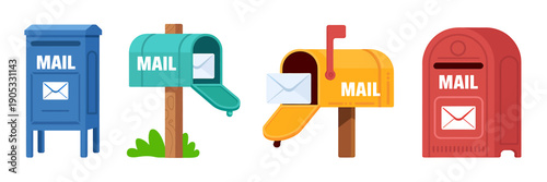 Colorful illustration of various mailboxes on white background