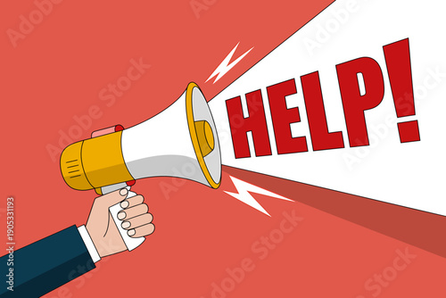 Cartoon hand holding megaphone shouting for assistance loudly outside