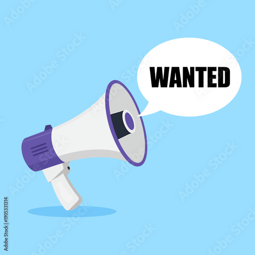 Megaphone with wanted speech bubble on blue background