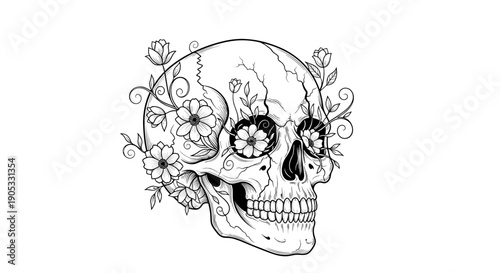 Detailed Skull Illustration with Floral Embellishments and Intricate Designs.