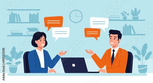 Business Collaboration Meeting with Laptops, Documents, and Idea Thought Bubbles Vector Illustration