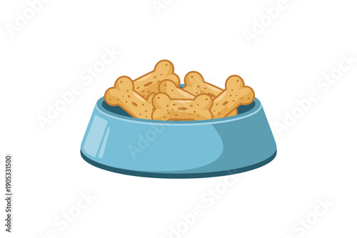 Cartoon blue dog bowl filled with bone shaped dog treats on white background