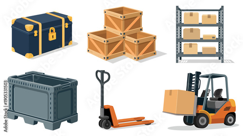 Warehouse storage containers and industrial equipment for logistics operations