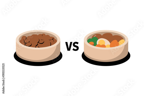 Two bowls of dog food compared side by side with vegetables