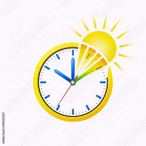 Illustrative graphic of an analog clock and a rising sun, symbolizing time progression, daylight saving, or the start of a new day