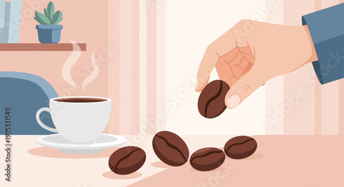 Hand holds coffee bean over cup with steam and scattered beans