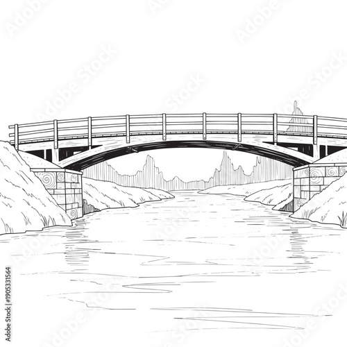Serene monochrome scene of a curved bridge over a calm river in a mountainous landscape.