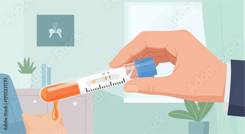 Hand holds test tube with orange liquid, drops falling onto fabric