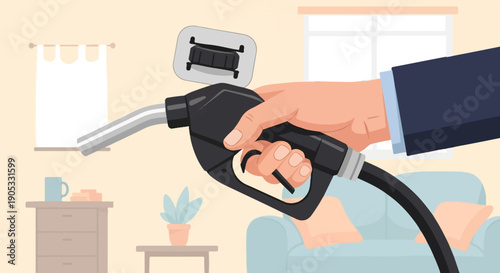 Hand in suit holding gas pump nozzle near open car fuel door indoors