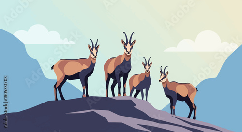 Four chamois graze on a rocky mountain peak under a pastel sky