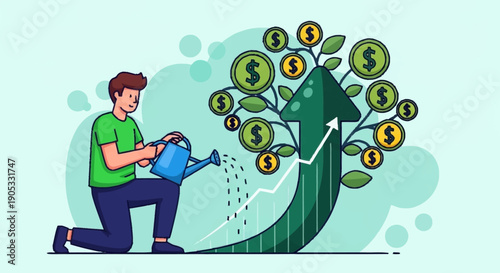 Economic Development and Smart Investment Concept with Money Tree Watering Vector Illustration