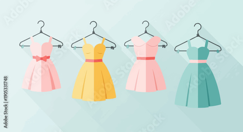 Four colorful dresses hanging on hangers against a light blue background