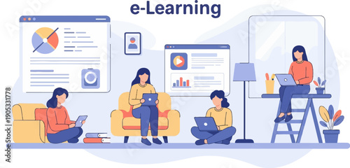 Four diverse individuals engage in remote learning, utilizing laptops, tablets, and educational resources