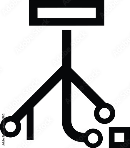 A black and white diagram of a three legged table or stand with a rectangular top and various shaped objects