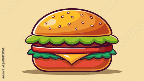 Cartoon vector of a classic hamburger with bun lettuce tomato cheese meat patty in clean minimal flat food illustration style