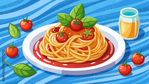 Cartoon vector of a plate of spaghetti pasta with tomato sauce and herbs in clean flat food illustration style