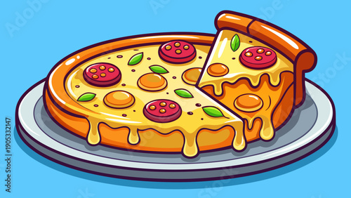 Cartoon vector illustration of a delicious cheese pizza on a plate with melted cheese slices and simple clean background flat colorful food style