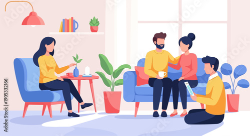 Four people gathered in a bright, modern living room