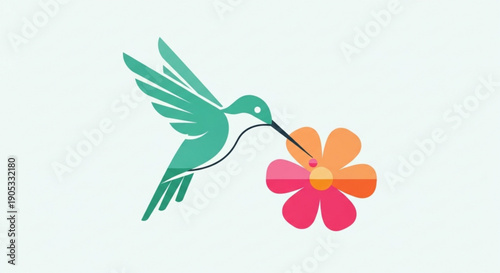 Hummingbird Feeding on Pink and Orange Flower Vector Illustration