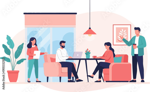 Four people gathered in a modern living room, working and socializing