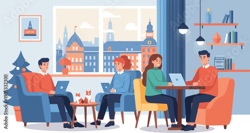 Four people work remotely in a cozy room with a festive tree and city view