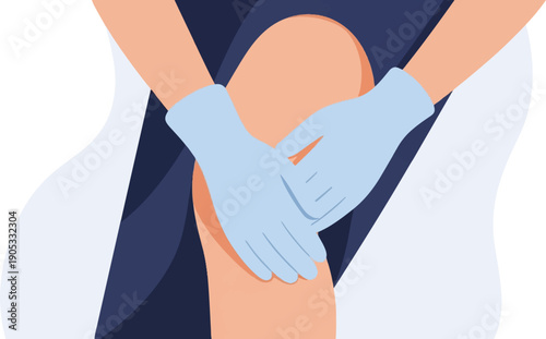 Hands in light blue gloves gently holding a knee joint