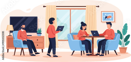 Four people working on laptops in a cozy living room