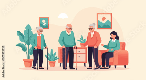 Four people, two elderly couples and a younger woman, interact in a cozy living room