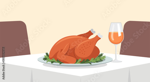 Festive roasted fowl with a side of aromatic greens and amber liquid
