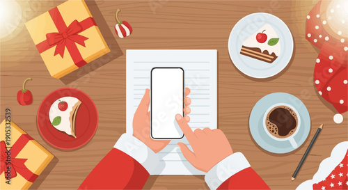 Festive top-down view of Santa's hands holding a phone over paper