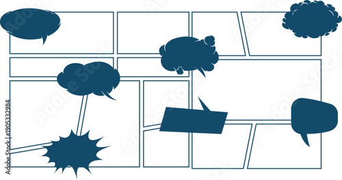 Dark blue comic panel layout with various abstract speech and thought bubbles for storytelling.