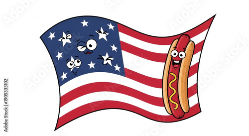 American flag with smiling hot dog cartoon character waving on white background for 4th july celebration