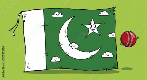 Pakistan flag pillow with cricket ball on green background symbolizing national pride and sportsmanship in a playful cartoon style