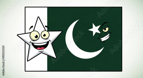 Cartoon pakistani flag with smiling star and crescent moon faces on white background