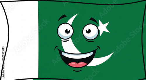 Smiling pakistani flag face cartoon character with green background