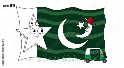 Cartoon pakistani flag with smiling star and crescent moon green tuk tuk vehicle