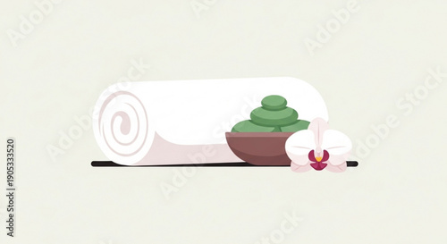 Spa day essentials rolled towel herbs and aromatherapy on a clean background for wellness and relaxation