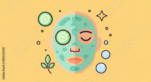 Relaxing face mask with cucumber slices and skincare products on yellow background for self care and beauty routine