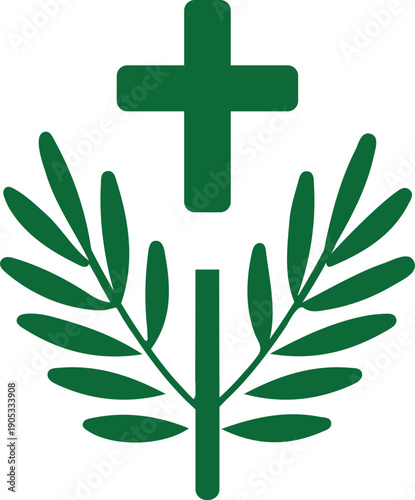 Palm Sunday Green Cross and Palm Branch Christian Symbol Minimal Vector Illustration for Holy Week Church Poster Design