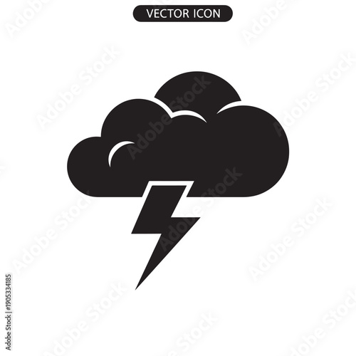 Simple black thunderstorm cloud with lightning bolt vector icon.