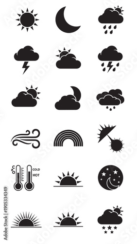 Collection of Weather Icons Showing Sun, Cloud, Rain, Snow and Wind Symbols.