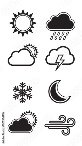 Collection of diverse weather symbols including sun, clouds, rain, snow, thunderstorm, and night moon icons.