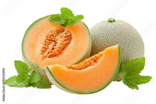 Fresh cantaloupe melon with mint leaves isolated on transparent background. Cantaloupe melon, slice, whole and mint leaves isolated on white background.