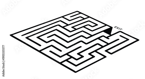 Black and white vector maze illustration, exit path, for puzzle or problem solving concept, isolated on transparent background, png
